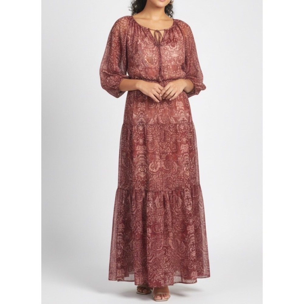 NWT Speechless Peasant Dress BURGUNDY/IVORY BATIK Tiered Maxi LINED CHIFFON sz M